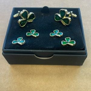 Shamrocks Studs and Cufflinks Set Gold Trim New